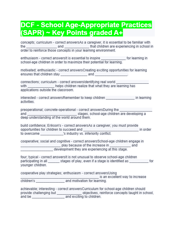 DCF School-Age Appropriate Practices (SAPR) 2025–2026 | Key Questions & Answers | 100% Pass Guarante