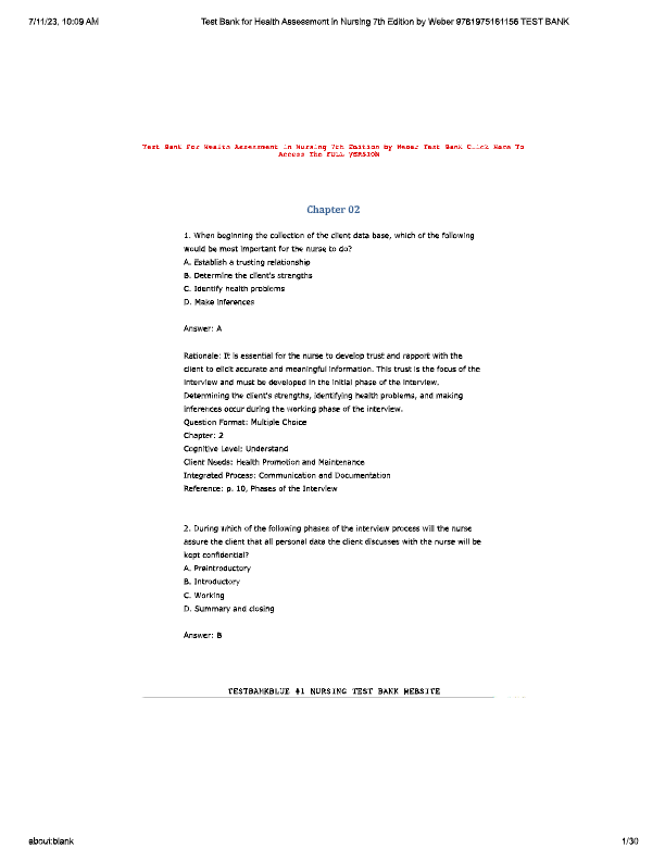 Health Assessment in Nursing 7th Edition Test Bank – Chapter 2: Interview & Communication | Weber &