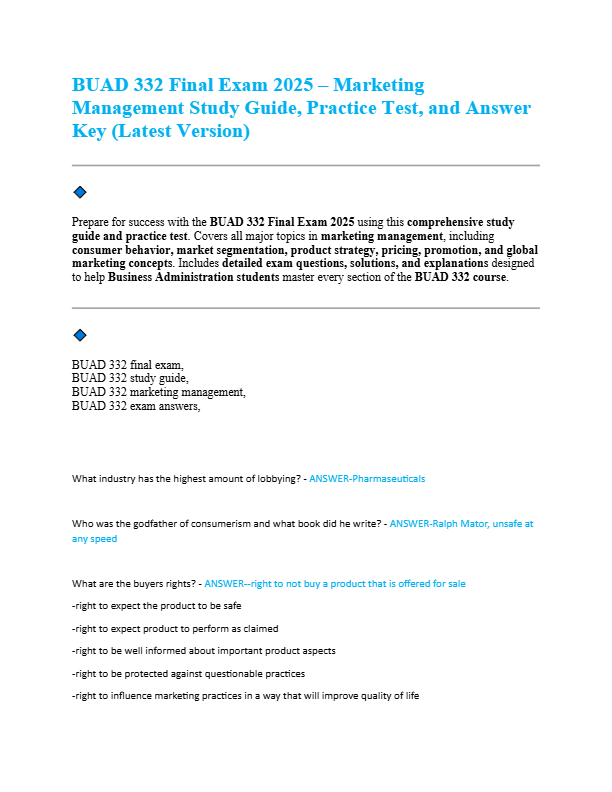 BUAD 332 Final Exam 2025 – Marketing Management Study Guide, Practice Test, and Answer Key