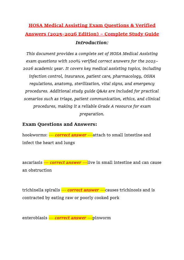 HOSA Medical Assisting Exam Questions & Verified Answers (2025–2026 Edition) – Complete Study Guide