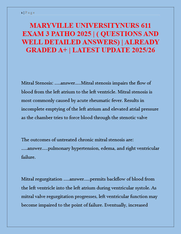 Maryville NURS 611 Exam 3 Pathophysiology 2025: 90+ Q&A | Graded A+ | Latest Update 2025/26