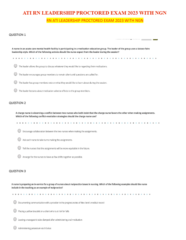 ATI RN LEADERSHIP PROCTORED EXAM 2023 WITH NGN UPDATED 2025