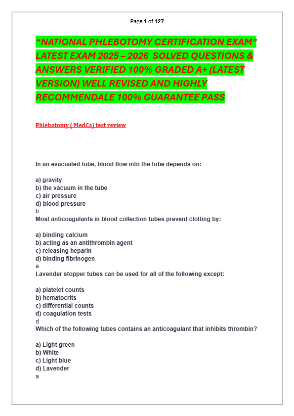 “NATIONAL PHLEBOTOMY CERTIFICATION EXAM”  LATEST EXAM 2025 – 2026  SOLVED QUESTIONS &   ANSWERS VERI