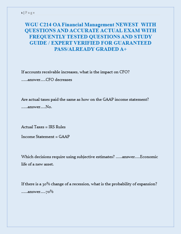 WGU C214 Financial Management OA Exam Guide 2025: 300+ Questions & Answers | Expert-Verified