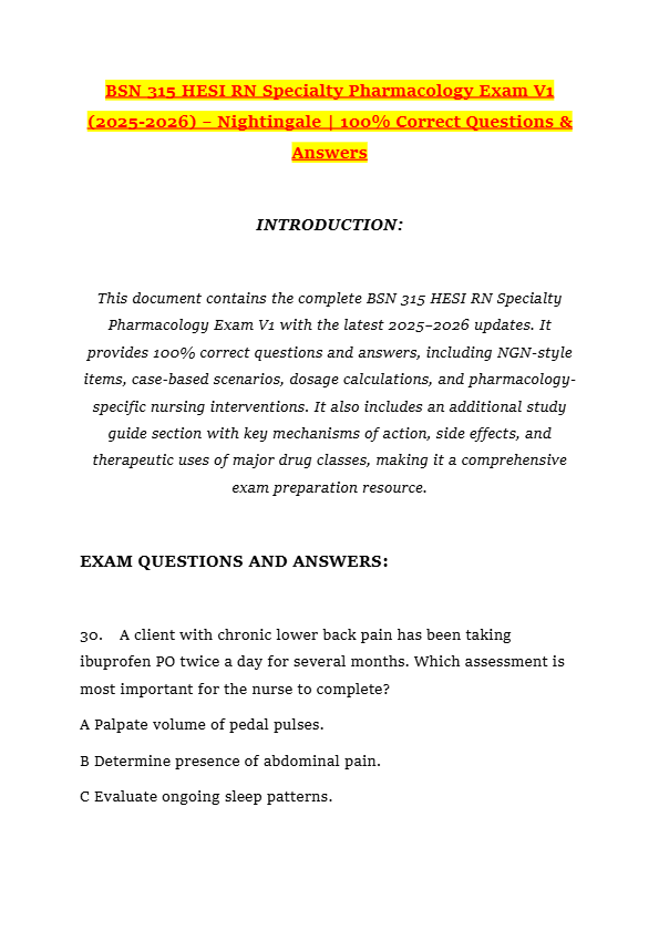 BSN 315 HESI RN Specialty Pharmacology Exam V1 (2025-2026) – Nightingale | 100% Correct Questions &