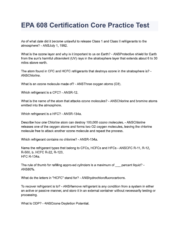 EPA 608 Core Exam 2025–2026 – 340 Possible Questions & Revised Answers | Latest Study Guide