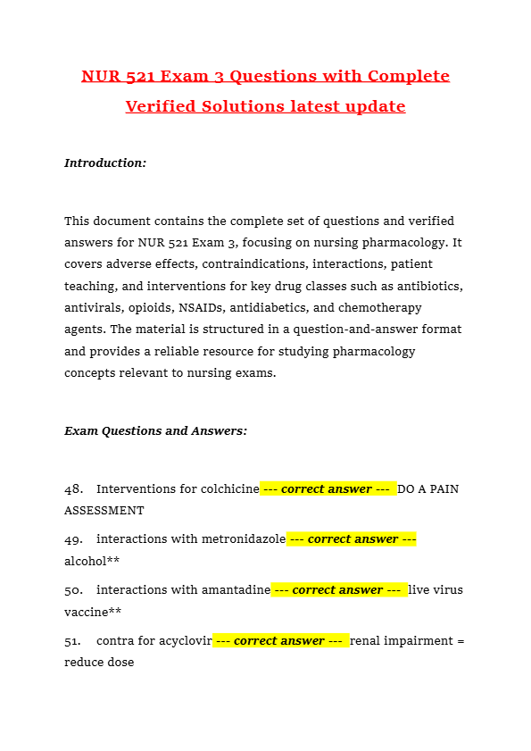 NUR 521 Exam 3 Questions with Complete Verified Solutions latest update