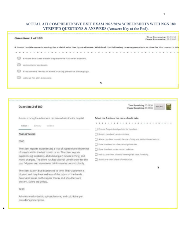 ACTUAL ATI RN COMPREHENSIVE EXIT EXAM 2023-2024 SCREENSHOTS WITH NGN 180 VERIFIED QUESTIONS & ANSWER