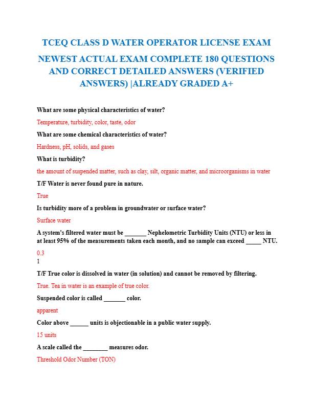 TCEQ Class D Water Operator License Exam 2025–2026 | Questions & Verified Answers | Updated Study Gu