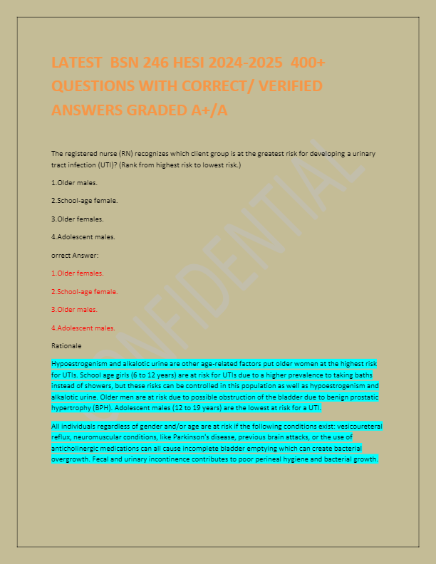 LATEST BSN 246 HESI 2024-2025 400+ QUESTIONS WITH CORRECT/ VERIFIED ANSWERS GRADED A+/A