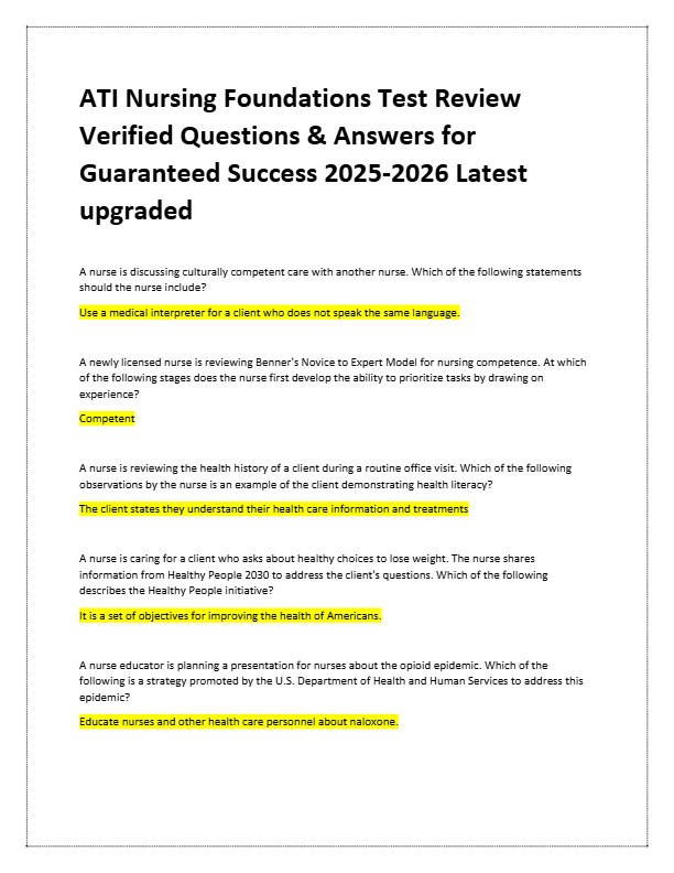 ATI Nursing Foundations Test Review Verified Questions & Answers for Guaranteed Success 2025-2026 La