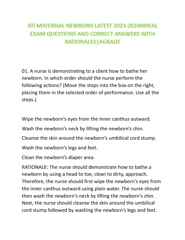 ATI MATERNAL NEWBORN LATEST 2023-2024MREAL EXAM QUESTIONS AND CORRECT ANSWERS WITH RATIONALES|AGRADE