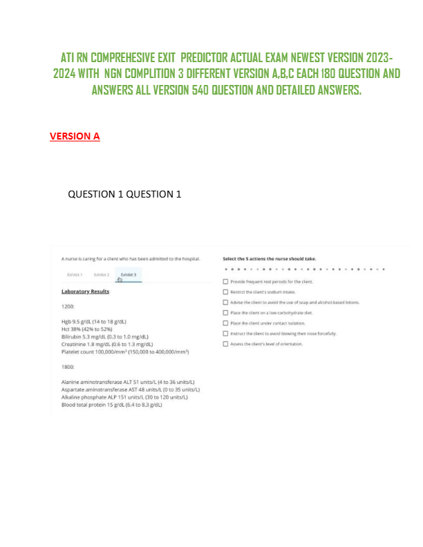 ATI RN COMPREHESIVE EXIT PREDICTOR ACTUAL EXAM  2023- 2024 WITH NGN COMPLITION 3 DIFFERENT VERSION