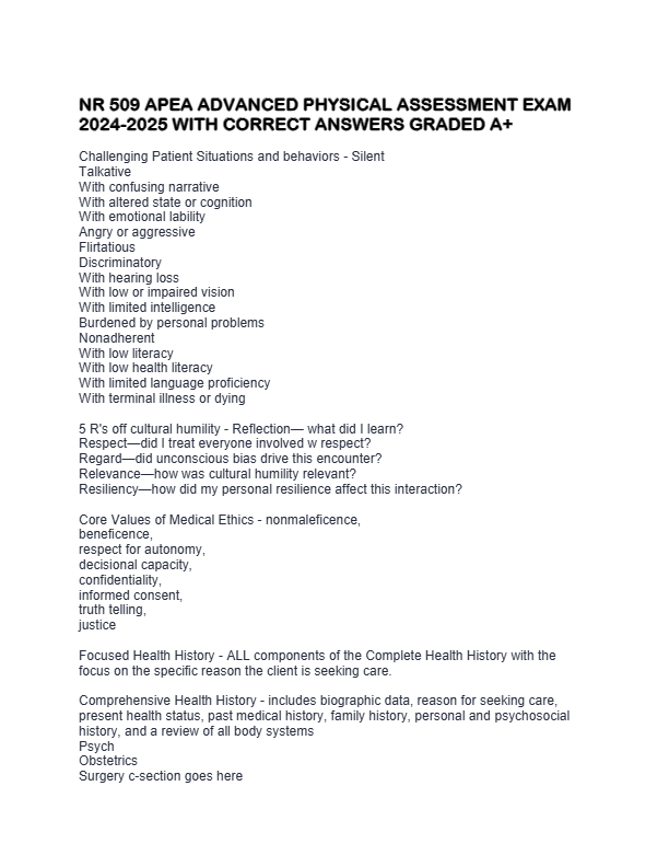 NR 509 APEA ADVANCED PHYSICAL ASSESSMENT EXAM 2025-2026 WITH CORRECT ANSWERS GRADED A+