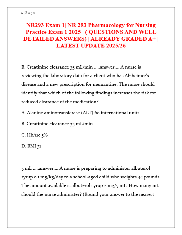 NR293 Pharmacology Exam 1 2025: 100+ Q&A with Detailed Answers | Graded A+ | Latest Update