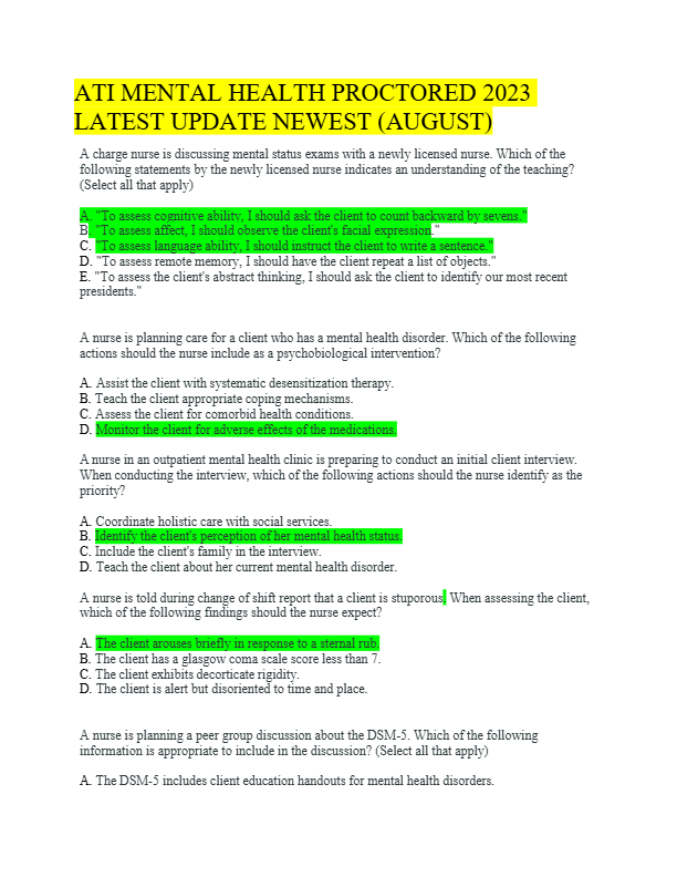 ATI MENTAL HEALTH PROCTORED 2025  LATEST UPDATE NEWEST (AUGUST)