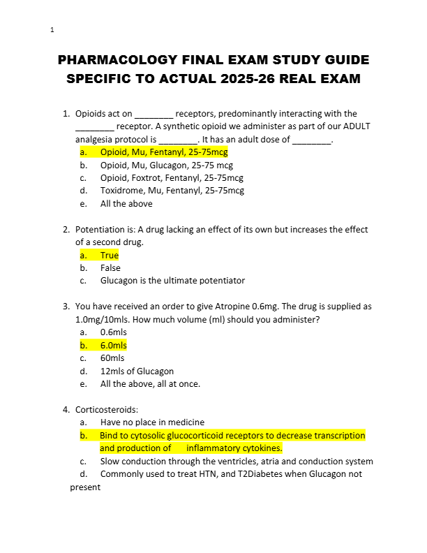 PHARMACOLOGY FINAL EXAM STUDY GUIDE  SPECIFIC TO ACTUAL 2025-26 REAL EXAM