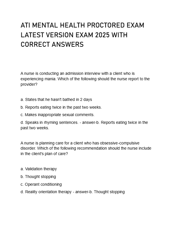 ATI MENTAL HEALTH PROCTORED EXAM  LATEST VERSION EXAM 2025 WITH  CORRECT ANSWERS