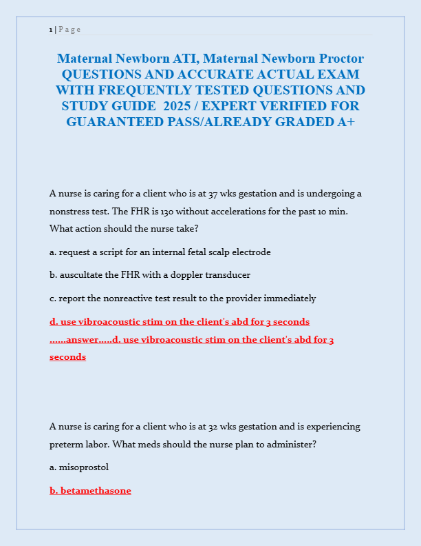 Maternal Newborn ATI Proctor Exam 2025: Verified Study Guide & Practice Questions for Guaranteed A+