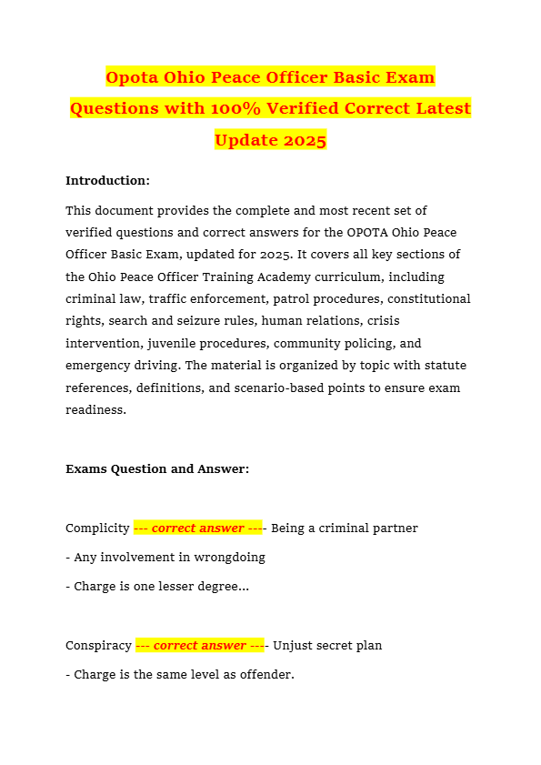 Opota Ohio Peace Officer Basic Exam Questions with 100% Verified Correct Latest Update 2025