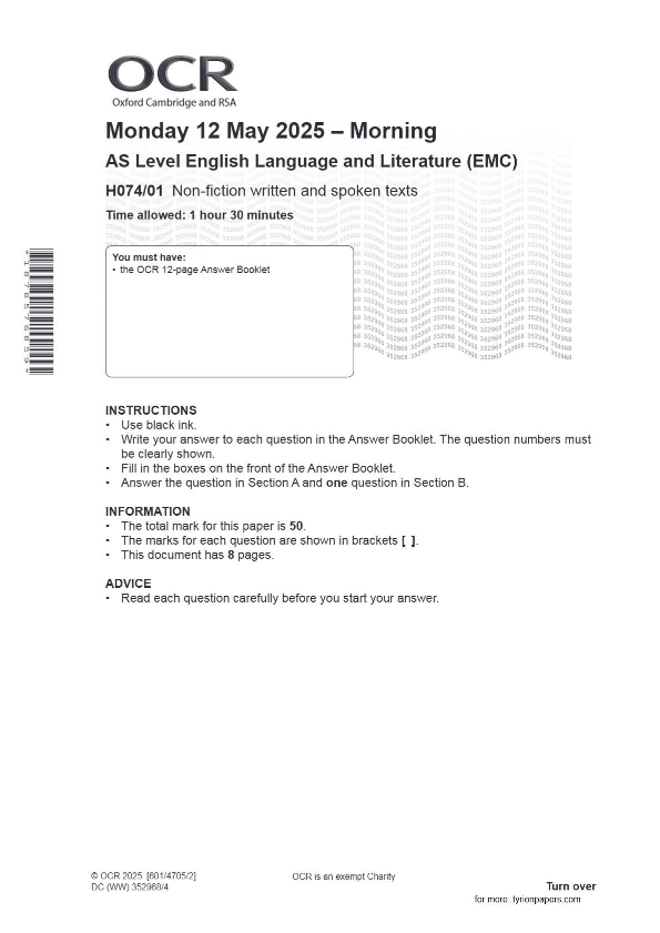 OCR AS Level English Language and Literature (EMC) H074/01 Non-fiction written and spoken texts June