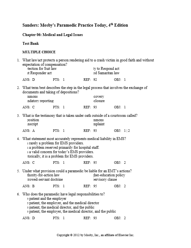 Paramedic Care: Medical Emergencies 5th Edition Test Bank – Chapters 1–13 | Bledsoe & Cherry