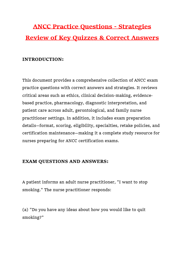 ANCC Practice Questions - Strategies Review of Key Quizzes & Correct Answers