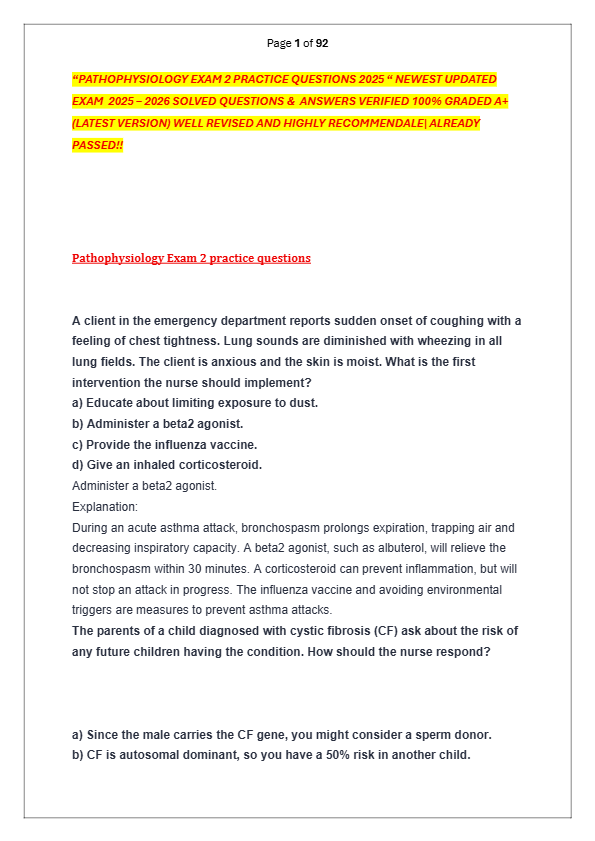 “PATHOPHYSIOLOGY EXAM 2 PRACTICE QUESTIONS 2025 “ NEWEST UPDATED   EXAM  2025 – 2026 SOLVED QUESTI