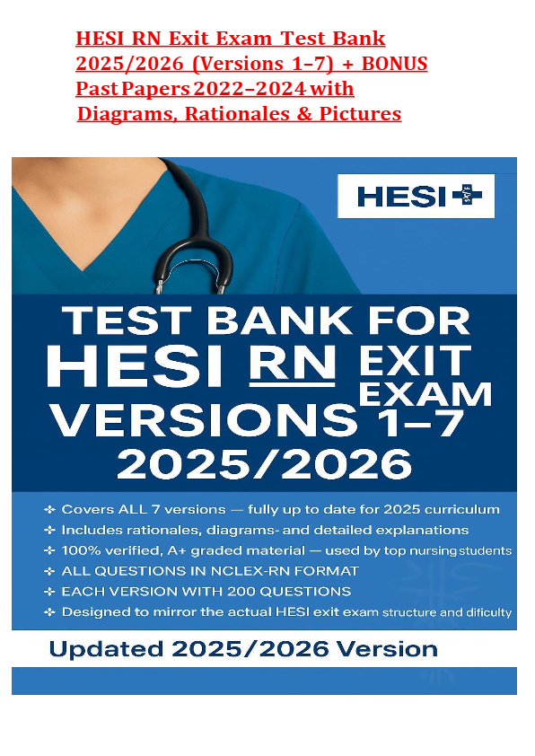 TEST BANK FOR HESI RN Exit Exam 2025-2026 Versions 1–7 (v1,v2,v3,v4,v5,v6,v7,) + BONUS Past Papers f