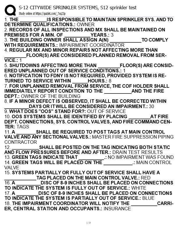 S-12 Citywide Sprinkler Systems Final Exam Prep 2025–2026 | Accurate Questions & Detailed Answers |