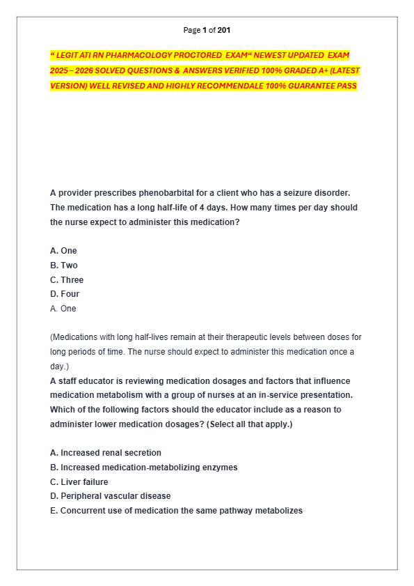 “ LEGIT ATI RN PHARMACOLOGY PROCTORED  EXAM“ NEWEST UPDATED  EXAM   2025 – 2026 SOLVED QUESTIONS &amp;