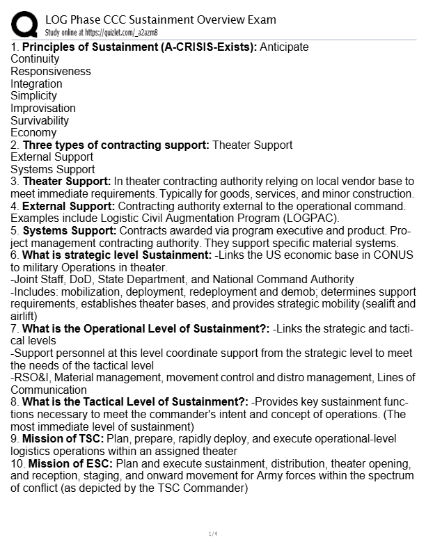 LOG Phase CCC Sustainment Overview Exam 2025–2026 | Study Guide & Verified Answers