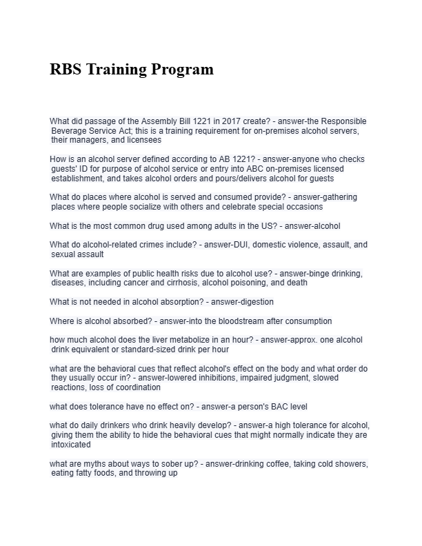 RBS Training Exam 2025 – Complete Questions & Answers | Guaranteed Pass | Responsible Beverage Servi