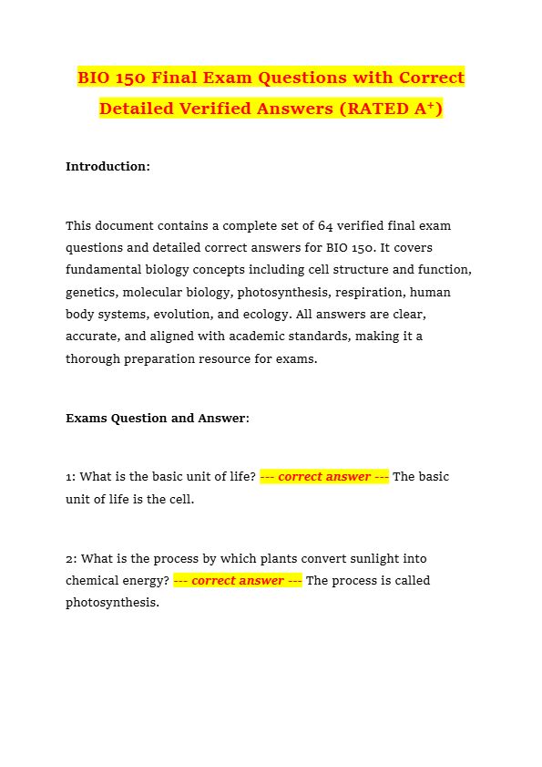 BIO 150 Final Exam Questions with Correct Detailed Verified Answers (RATED A+)