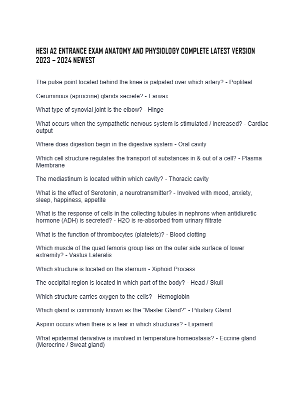 HESI A2 ENTRANCE EXAM ANATOMY AND PHYSIOLOGY COMPLETE LATEST VERSION