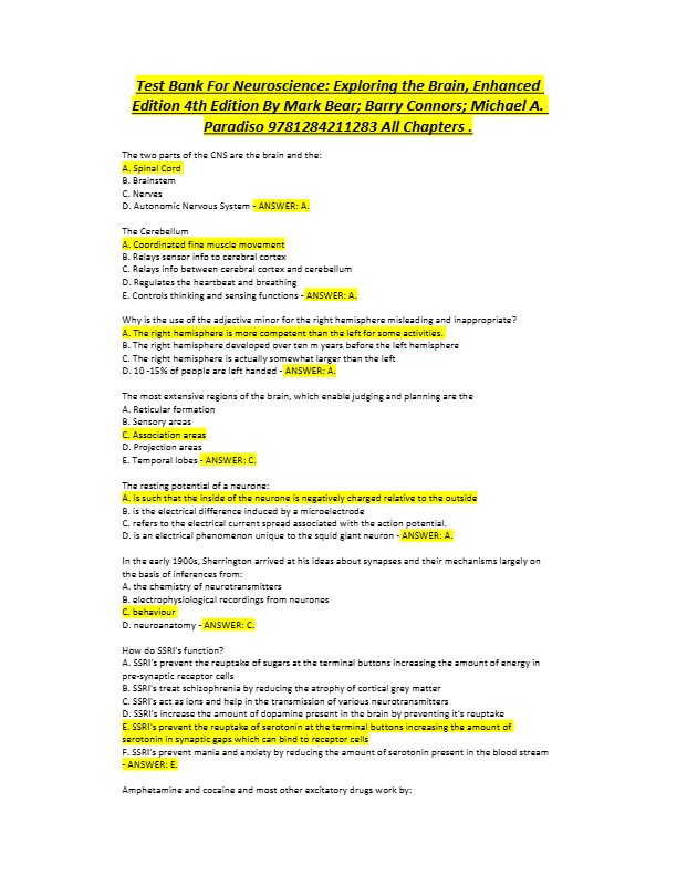 Neuroscience 6th Edition Test Bank | Purves, Augustine & Fitzpatrick | Chapters 1–34
