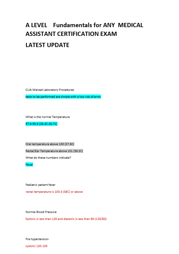 A LEVEL Fundamentals for ANY MEDICAL ASSISTANT CERTIFICATION EXAM LATEST UPDATE