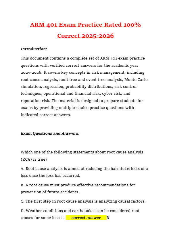 ARM 401 Exam Practice Rated 100% Correct 2025-2026