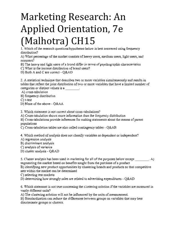 Test Bank for Marketing Research: An Applied Orientation 7th Edition | Naresh K. Malhotra | All Chap