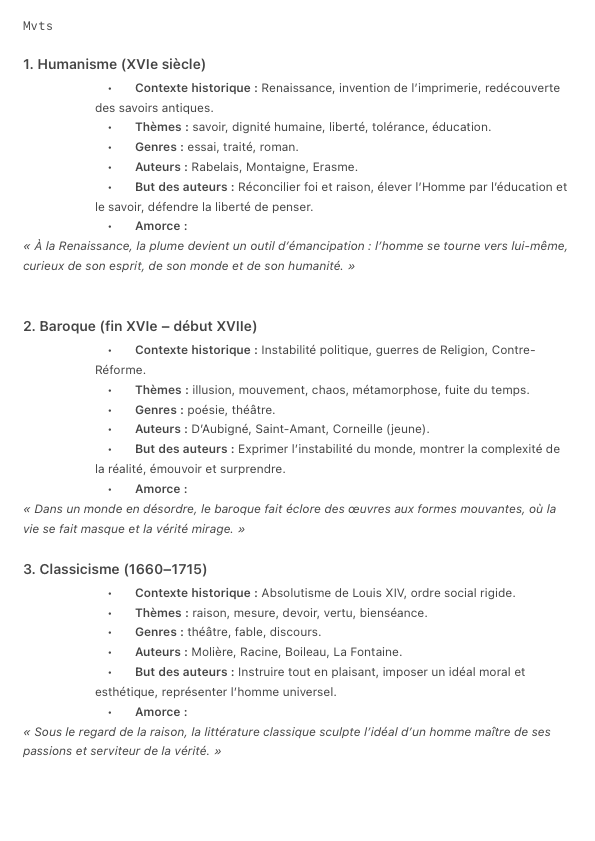 Les indispensables de mvts littéraires pour le bac oral de français (20/20 le jour J)