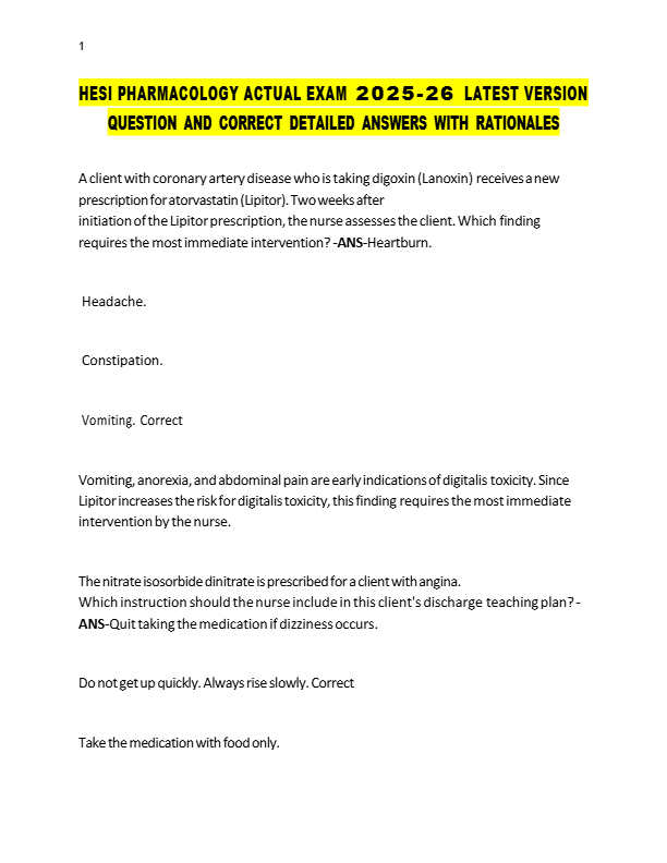 HESI PHARMACOLOGY ACTUAL EXAM 2025-26 LATEST VERSION  QUESTION AND CORRECT DETAILED ANSWERS
