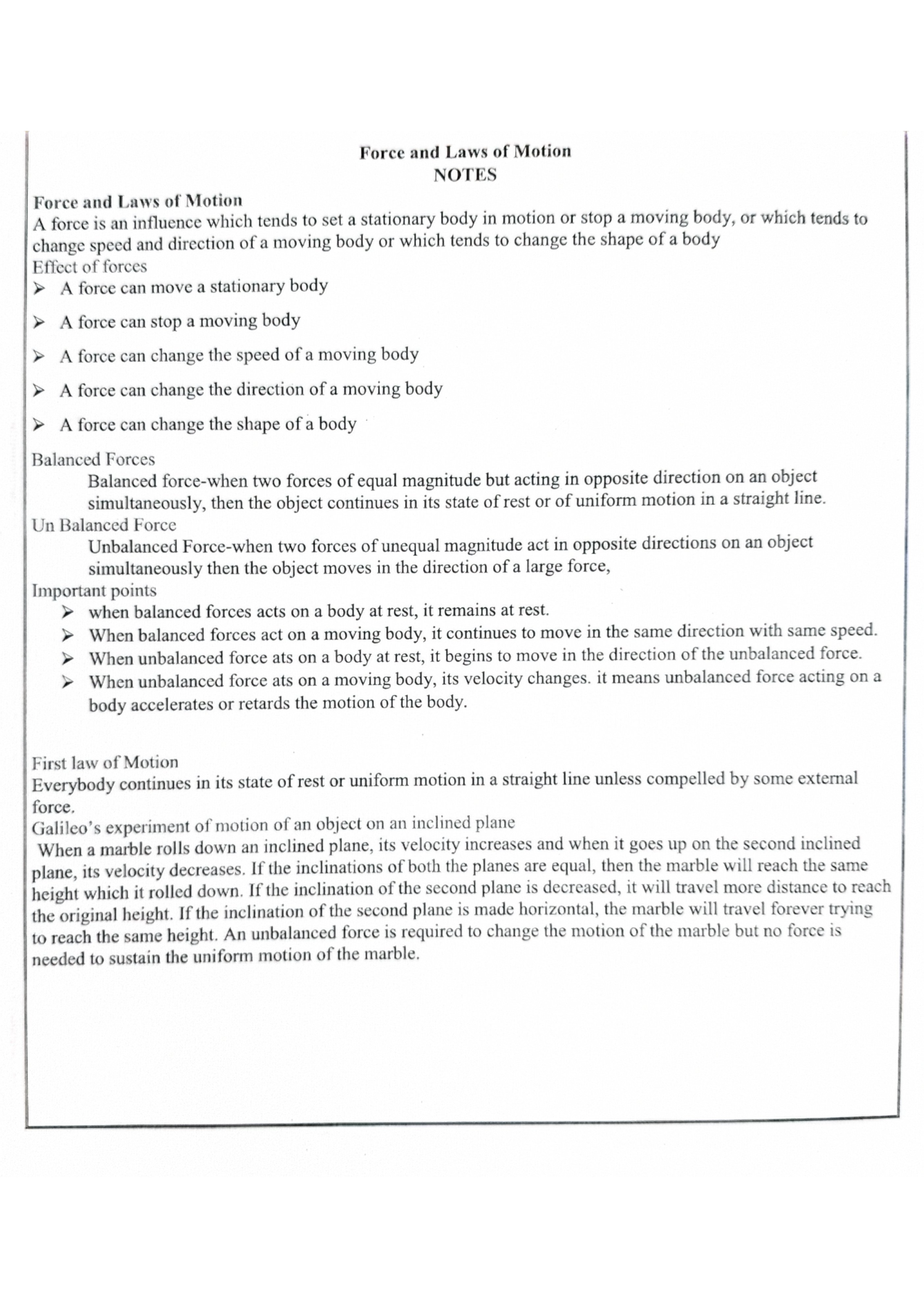 Force and laws of motion Notes Class-9