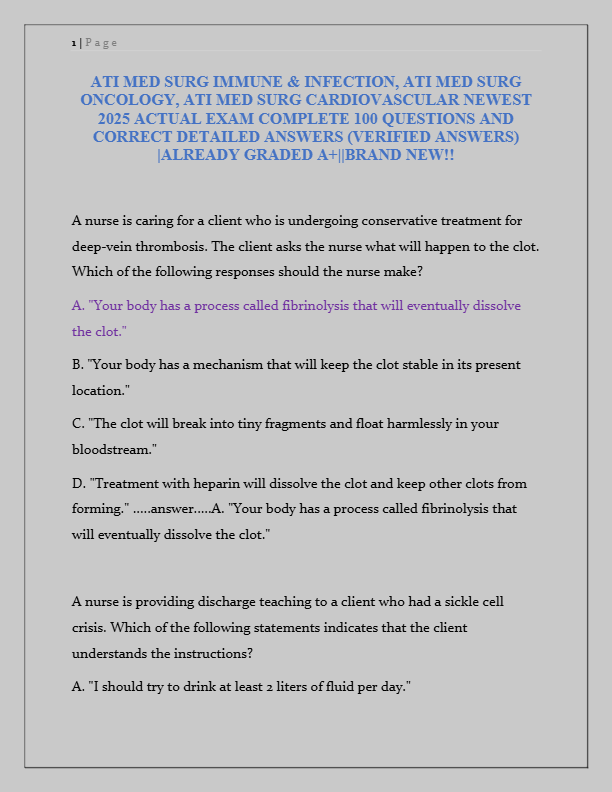 ATI Med Surg Immune & Infection, Oncology, Cardiovascular 2025 Exam: 100 Q&A Verified