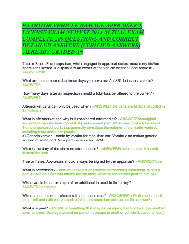 2025 PA Motor Vehicle Damage Appraiser License Exam: 200+ Actual Questions & Verified Answers | Free