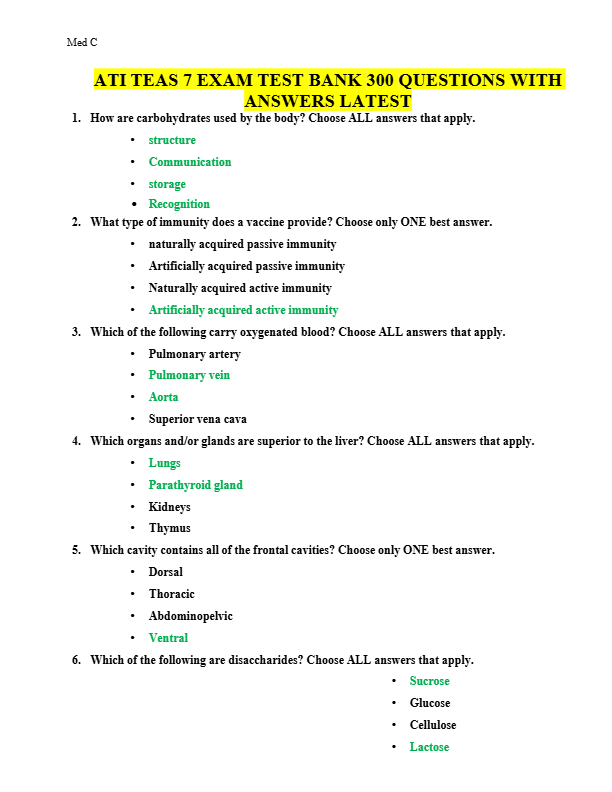 ATI TEAS 7 EXAM TESTBANK 300 QUESTIONS WITH  ANSWERS LATEST