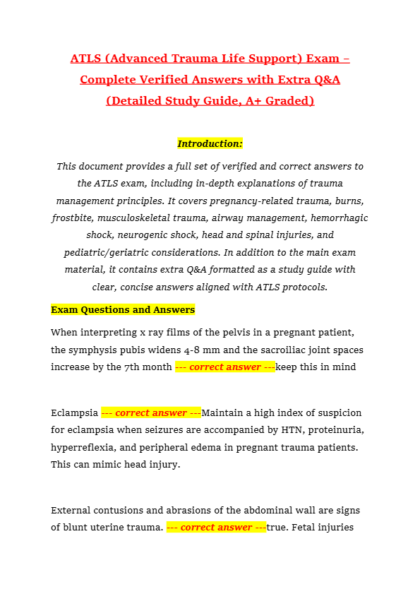 ATLS (Advanced Trauma Life Support) Exam – Complete Verified Answers with Extra Q&A (Detailed Study