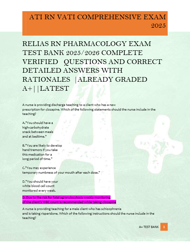 RELIAS RN PHARMACOLOGY EXAM  TEST BANK 2025/2026 COMPLETE  VERIFIED   QUESTIONS AND CORRECT  DETAILE