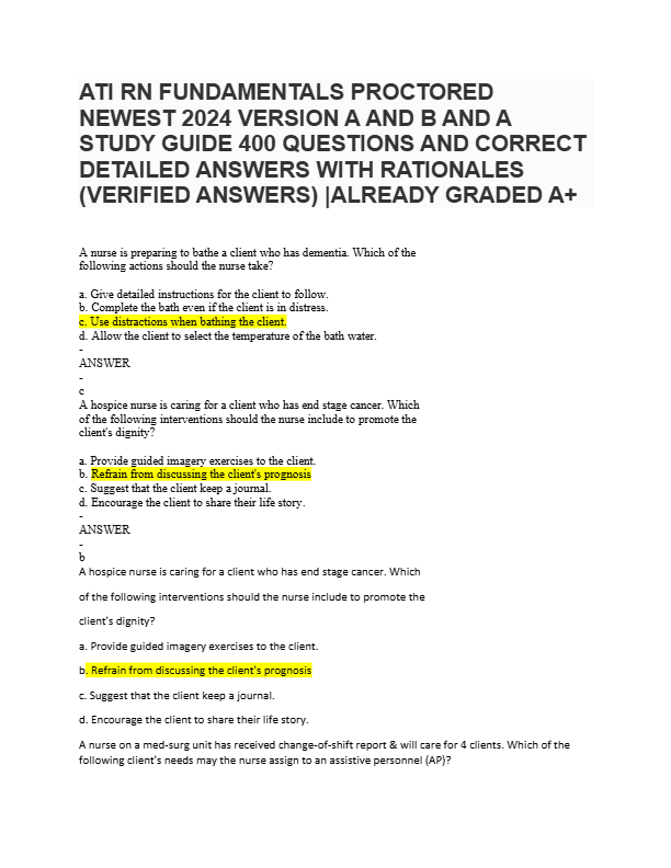 ATI RN FUNDAMENTALS PROCTORED  NEWEST 2025 VERSION A AND B STUDY GUIDE 400 QUESTIONS