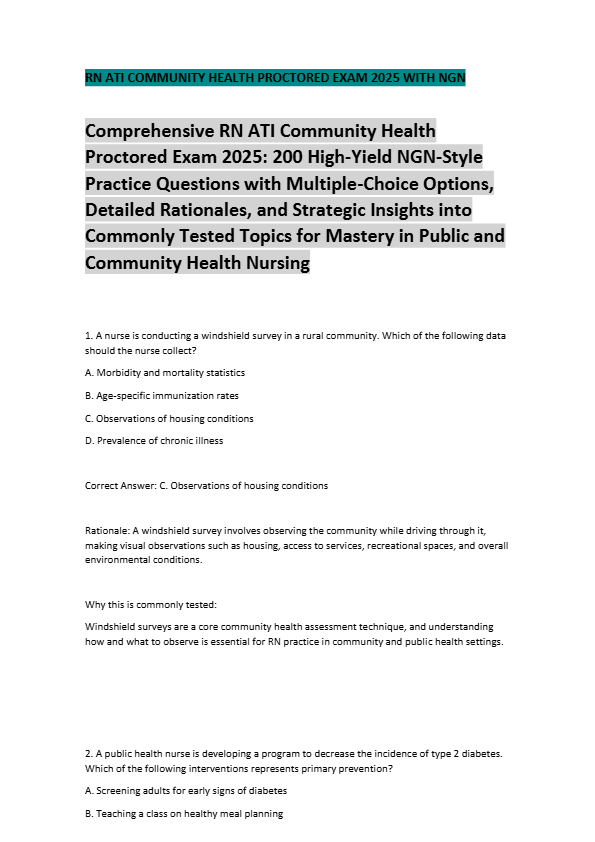 RN ATI COMMUNITY HEALTH PROCTORED EXAM 2025 WITH NGN Comprehensive RN ATI Community Health Proctored