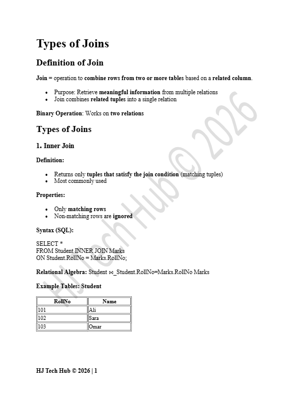 "SQL Joins Complete Notes | Types of Joins in DBMS | Inner, Outer, Cross Join | BCA, BSCS ,MCA"